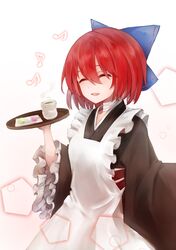  1girl absurdres bow closed_eyes dango food green_tea hair_bow highres musical_note redhead safutsuguon sanshoku_dango sekibanki short_hair simple_background solo tea touhou tray wa_maid wagashi white_background 