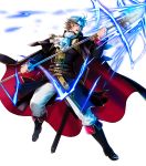  1boy belt blonde_hair boots camus_(fire_emblem) cape electricity epaulettes fire_emblem fire_emblem:_mystery_of_the_emblem fire_emblem_heroes full_body highres mask official_art open_mouth polearm solo spear suekane_kumiko sword teeth transparent_background weapon 