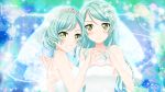  2girls aqua_hair bang_dream! blush braid bridal_veil bride commentary_request dress earrings eyebrows_visible_through_hair flower green_eyes grin hair_flower hair_ornament heart heart_hands heart_hands_duo highres hikawa_hina hikawa_sayo incest jewelry long_hair medium_hair multiple_girls necklace rose shimmy_(2464530) siblings sisters smile tiara twin_braids twins upper_body veil wedding wedding_dress white_dress wife_and_wife yuri 