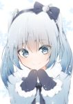  blue_bow blue_coat blue_eyes blue_hair blue_neckwear blurry blurry_background blurry_foreground bow bowtie coat commentary depth_of_field earmuffs fluffy fur-trimmed_coat fur-trimmed_sleeves fur_trim giryu hair_bow hair_ornament hands_together hands_up hatsune_miku long_hair looking_at_viewer mittens smile snow snowflake_background snowflakes twintails upper_body vocaloid white_background yuki_miku yuki_miku_(2012) 