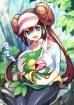  1girl :d between_breasts blue_eyes bow bra_strap breast_grab breast_smother breasts brown_hair bush double_bun grabbing hair_bun happy highres large_breasts legwear_under_shorts looking_at_viewer low_twintails mei_(pokemon) open_mouth pantyhose pink_bow pokemon pokemon_(game) pokemon_bw2 shorts sitting sleeping smile snivy solo tonbo twintails visor_cap zzz 