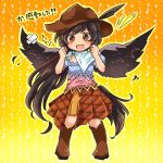  +_+ 1girl arms_up bandana bird_wings black_hair blush boots brown_eyes brown_footwear brown_headwear chibi clenched_hands cowboy_boots cowboy_hat crossed_bandaids dress feathered_wings feathers full_body gradient gradient_background hat hat_feather horse_tail kurokoma_saki layered_dress long_hair looking_at_viewer open_mouth orange_background outline ponytail pote_(ptkan) solo sparkle_background standing tachi-e tail torn_clothes torn_dress touhou translated very_long_hair wings yellow_background 