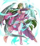  1girl boots breasts dragon_tail dragon_wings dress fire_emblem fire_emblem:_mystery_of_the_emblem fire_emblem_heroes floating floating_object full_body green_eyes green_hair hair_ornament highres jewelry long_hair looking_away low_twintails medium_breasts nagi_(fire_emblem) non-web_source official_art okaya_mrh open_mouth pink_dress pointy_ears shiny shiny_hair smile solo stone tail thigh-highs thigh_boots tiara transparent_background twintails very_long_hair wings 