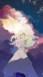  1boy absurdres dress_shirt earrings green_hair highres jewelry lio_fotia looking_up male_focus open_mouth promare shirt short_hair solo sunset violet_eyes yagita_(astronomie) 