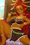  1girl artist_name blue_lipstick bracelet braid breasts dark_skin english_commentary exlic gerudo green_eyes hair_ornament highres jewelry lipstick long_hair makeup navel pointy_ears redhead riju sitting solo the_legend_of_zelda the_legend_of_zelda:_breath_of_the_wild thick_eyebrows very_long_hair watermark web_address 