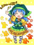  1girl apron arm_ribbon arm_up blue_hair blush_stickers chibi closed_eyes dress flower full_body haniwa_(statue) haniyasushin_keiki head_scarf leg_ribbon long_hair magatama_necklace notice_lines open_mouth pocket pote_(ptkan) ribbon single_strap smile standing tachi-e touhou waving yellow_dress 