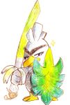  bird blue_eyes duck gen_8_pokemon highres kirin1204 no_humans pokemon pokemon_(creature) polearm shield simple_background sirfetch&#039;d sparkle spring_onion weapon white_background 