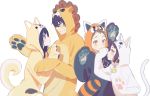  2boys 2girls animal_costume animal_ears bell black_hair blue_eyes blush brown_eyes brown_hair cat_costume cat_ears cat_tail character_request chitanda_eru commentary_request costume dog_costume dog_ears dog_tail eyebrows_visible_through_hair fake_animal_ears hyouka lion_costume long_hair mery_(apfl0515) multiple_boys multiple_girls oreki_houtarou short_hair simple_background tail tanuki_costume white_background 