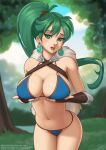  1girl bangs bikini blue_bikini breasts cowboy_shot deilan12 earrings fingerless_gloves fire_emblem fire_emblem:_rekka_no_ken fire_emblem:_the_blazing_blade fire_emblem_blazing_sword gloves green_eyes green_hair highres intelligent_systems jewelry large_breasts long_hair looking_at_viewer lyn_(fire_emblem) lyndis_(fire_emblem) navel nintendo nose open_mouth ponytail solo swimsuit 