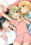  3girls ;d anchovy bangs barashiya bed_sheet black_hair black_ribbon blonde_hair blue_shirt carpaccio cellphone closed_mouth commentary double_v drill_hair eyebrows_visible_through_hair girls_und_panzer green_eyes green_hair grin hair_ribbon highres holding holding_cellphone holding_phone hood hoodie light_smile long_hair lying multiple_girls on_back on_bed one_eye_closed open_mouth pajamas pepperoni_(girls_und_panzer) phone pillow pink_shirt pink_shorts polka_dot polka_dot_shirt red_eyes ribbon self_shot shirt short_hair short_sleeves shorts smartphone smile twin_drills twintails v white_shirt 