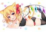  1girl :d absurdres animal_ear_fluff animal_ears ass bandeau bangs bare_arms bare_shoulders black_legwear black_panties blonde_hair blush bow bra cat_ears cat_tail commentary_request crystal eyebrows_visible_through_hair fang flandre_scarlet frilled_bra frills hair_between_eyes hair_bow hand_up highres kemonomimi_mode looking_at_viewer lying miy@ no_hat no_headwear no_shoes on_stomach one_side_up open_mouth panties paw_pose paw_print red_bow red_eyes short_hair simple_background skindentation smile solo strapless strapless_bra tail thigh-highs thighs touhou tubetop underwear white_background wings 
