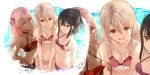  3girls bangs bare_shoulders bikini black_hair blush breasts chloe_von_einzbern closed_mouth collarbone commentary commentary_request dark_skin fate/kaleid_liner_prisma_illya fate_(series) hair_between_eyes half_updo highres illyasviel_von_einzbern long_hair looking_at_viewer miyu_edelfelt multiple_girls navel one_side_up open_mouth orange_eyes partial_commentary pink_bikini pink_hair purple_bikini red_bikini red_eyes small_breasts smile swimsuit tongue tongue_out white_hair yatsuka_(846) yellow_eyes 