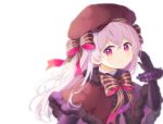  1girl absurdres bangs black_gloves blurry bow braid brown_bow brown_headwear brown_neckwear chun_sam dress elbow_gloves fate/extra fate/grand_order fate_(series) frown fur_trim gloves hand_up hat highres long_hair looking_at_viewer nursery_rhyme_(fate/extra) purple_scrunchie scrunchie silver_hair simple_background smile solo striped striped_bow upper_body violet_eyes white_background wrist_scrunchie 