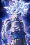  1boy abs arms_at_sides aura black_background blurry bokeh bruise chest dark_background depth_of_field dougi dragon_ball dragon_ball_super expressionless floating_hair frown gradient gradient_background grey_eyes highres injury light_particles looking_away male_focus mattari_illust muscle nipples pectorals purple_background serious shaded_face shirt shirtless simple_background son_gokuu spiky_hair torn_clothes torn_shirt twitter_username ultra_instinct upper_body white_background white_hair 