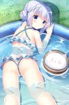  1girl :o angora_rabbit ass blue_eyes blue_hair double_bun gochuumon_wa_usagi_desu_ka? hair_between_eyes hair_ornament highres kafuu_chino legs long_hair looking_at_viewer lying on_stomach open_mouth pizzi_cat pool rabbit solo swimsuit tippy_(gochiusa) x_hair_ornament 