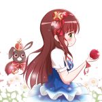  1girl animal anko_(gochiusa) apple blue_dress blush bow breasts brown_hair cape closed_mouth clothed_animal commentary_request crescent crown dress flower food fruit gochuumon_wa_usagi_desu_ka? goth_risuto green_eyes hair_bow hairband holding holding_food holding_fruit long_hair medium_breasts mini_crown profile puffy_short_sleeves puffy_sleeves rabbit red_apple red_bow red_cape red_hairband saber_(weapon) short_sleeves smile sword ujimatsu_chiya very_long_hair weapon white_background white_flower 