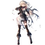  1girl armband assault_rifle bangs black_gloves black_legwear blonde_hair blood blood_on_face blush boots breasts brown_jacket brown_skirt bullpup cape choker copyright_name damaged eyebrows_visible_through_hair floating_hair flower full_body girls_frontline gloves gun hair_between_eyes hair_flower hair_ornament hairband heiwari_kanade hexagram holding holding_flower injury iwi_tavor jacket load_bearing_equipment long_hair looking_at_viewer medium_breasts official_art parted_lips petals pleated_skirt red_flower rifle rose sidelocks skirt solo standing star_of_david thigh-highs thigh_strap torn_clothes transparent_background weapon white_flower white_rose wind wiping_face x95_(girls_frontline) yellow_eyes 