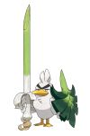  bird brown_eyes duck gen_8_pokemon highres lance pokemon pokemon_(game) pokemon_swsh polearm shield sirfetch&#039;d spring_onion weapon white_feathers 