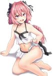  1boy absurdres astolfo_(fate) bare_arms bare_shoulders barefoot bikini bikini_skirt black_bow blush bow braid collarbone commentary_request eyebrows_visible_through_hair fate/grand_order fate_(series) hair_between_eyes hair_ribbon highres jtleeklm long_hair looking_at_viewer male_focus multicolored_hair navel otoko_no_ko pink_hair ribbon simple_background single_braid sitting smile solo streaked_hair swimsuit thighs violet_eyes white_background white_bikini white_hair 