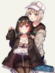  2girls aoba_moca bang_dream! baseball_cap black_hair black_jacket black_shirt blue_pants clothes_writing commentary_request denim eyebrows_visible_through_hair green_eyes grey_hair grey_jacket hat jacket jacket_on_shoulders jeans mitake_ran multicolored_hair multiple_girls nyacha_(tya_n_ya) off_shoulder open_clothes open_jacket pants pantyhose redhead shirt short_hair simple_background streaked_hair violet_eyes white_headwear white_shirt 