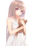  1girl :o bangs brown_hair collarbone dress eyebrows_visible_through_hair head_tilt highres hikashou long_hair looking_at_viewer object_hug original simple_background solo stuffed_animal stuffed_toy teddy_bear very_long_hair violet_eyes white_background white_dress 