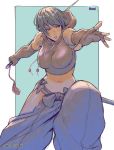  1girl breasts commentary copyright_request gloves knife mixed-language_commentary rejean_dubois short_hair solo sword weapon 
