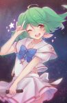  1girl ahoge blue_bow blush bow collarbone commentary_request eyebrows_visible_through_hair green_hair haiyun highres holding holding_microphone long_hair macross macross_frontier microphone one_eye_closed ranka_lee red_eyes shirt short_hair short_sleeves skirt smile solo twintails white_shirt white_skirt 