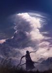  1boy absurdres ashina_genichirou bird black_hair bow_(weapon) chromatic_aberration clouds from_behind highres katana male_focus mountain scenery sekiro:_shadows_die_twice shirtless sword weapon 