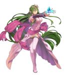  1girl boots breasts closed_mouth dress fire_emblem fire_emblem:_mystery_of_the_emblem fire_emblem_heroes floating floating_object full_body green_eyes green_hair hair_ornament highres jewelry long_hair low_twintails medium_breasts nagi_(fire_emblem) non-web_source official_art okaya_mrh pink_dress pointy_ears shiny shiny_hair smile solo stone thigh-highs thigh_boots tiara transparent_background twintails very_long_hair 