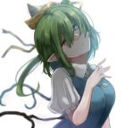  1girl blue_dress blue_eyes blurry commentary daiyousei depth_of_field dress fairy_wings green_hair hair_ribbon head_tilt highres long_hair lunateelf one_eye_closed parted_lips pointy_ears puffy_short_sleeves puffy_sleeves ribbon short_sleeves side_ponytail touhou upper_body wings yellow_ribbon 