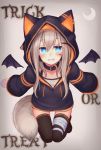  1girl animal_ears animal_hood bandaged_head bandaged_leg bandages bat_wings blue_eyes candy collar commentary_request crescent dog_collar dog_tail english_text facepaint food grin halloween highres hood hood_up hoodie light_brown_hair lollipop long_sleeves original reitou_mikan smile swirl_lollipop tail thigh-highs trick_or_treat wings 