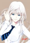  1girl blue_eyes breasts closed_mouth commentary_request ivuki jormungand koko_hekmatyar long_hair looking_at_viewer necktie silver_hair simple_background smile solo white_hair 