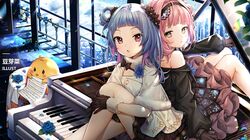  2girls artist_request azur_lane black_gloves blue_hair building dress flower gloves hair_flower hair_ornament headband instrument looking_at_viewer multiple_girls official_art petals piano pink_hair short_hair sitting sitting_on_object u-556_(azur_lane) u-81_(azur_lane) window 