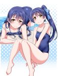  1girl bangs bare_legs barefoot bent_over blue_hair blush breast_press breasts collarbone embarrassed eyebrows_visible_through_hair long_hair love_live! love_live!_school_idol_project multiple_views one-piece_swimsuit polka_dot polka_dot_background ponytail school_swimsuit small_breasts smile solo sonoda_umi swimsuit water water_drop wet wet_clothes wet_hair yellow_eyes yopparai_oni 