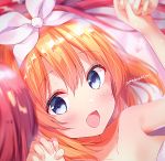 3girls :d amedamacon arm_up artist_name bangs bare_shoulders blue_eyes blush collarbone commentary_request dutch_angle eyebrows_visible_through_hair fingernails go-toubun_no_hanayome hair_between_eyes hair_ribbon highres holding_hands interlocked_fingers looking_at_viewer lying multiple_girls nakano_itsuki nakano_yotsuba on_back open_mouth orange_hair out_of_frame redhead ribbon signature smile solo_focus star strapless white_ribbon 