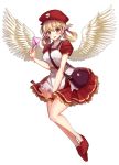  1girl angel_wings bag blonde_hair blush envelope feathered_wings full_body hair_rings handbag hat long_hair looking_at_viewer mail meisuke_mei open_mouth original red_headwear red_skirt short_sleeves simple_background skirt smile solo white_background white_wings wings 