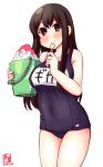  1girl :&gt; akagi_(kantai_collection) alternate_costume artist_logo black_hair black_swimsuit blue_swimsuit breasts brown_eyes brown_hair bucket collarbone commentary_request covered_navel cowboy_shot dated eating highres holding holding_spoon kanon_(kurogane_knights) kantai_collection large_breasts long_hair looking_at_viewer name_tag old_school_swimsuit one-piece_swimsuit repair_bucket revision school_swimsuit shaved_ice simple_background smile solo spoon straight_hair swimsuit white_background 