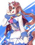 1girl :d animal_ears arm_at_side bangs blue_bow blue_eyes bow breasts brown_hair dera_ix hair_between_eyes hair_bow hand_up horse_ears horse_girl horse_tail long_hair long_sleeves medium_breasts multicolored_hair open_mouth pink_bow pink_neckwear ponytail school_uniform simple_background skirt smile solo standing streaked_hair tail tokai_teio two-tone_hair umamusume white_hair white_skirt 