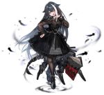  1girl :d :o alternate_costume anchor_symbol azur_lane bangs black_dress black_feathers black_footwear black_hair black_legwear blue_eyes blush boots breasts commentary_request cross cross-laced_footwear cross_earrings deutschland_(azur_lane) deutschland_(demon_princess&#039;_dark_hour_banquet)_(azur_lane) dress earrings english_text feathers frilled_dress frills hand_on_hip hand_up jewelry lace-up_boots long_hair long_sleeves looking_at_viewer machinery multicolored_hair official_art open_mouth pantyhose parted_lips puffy_long_sleeves puffy_sleeves ran_(pixiv2957827) redhead see-through small_breasts smile solo standing streaked_hair tachi-e transparent_background very_long_hair white_hair 