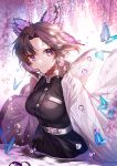  1girl apple_caramel bangs belt black_hair breasts bug butterfly butterfly_hair_ornament commentary_request hair_ornament highres insect japanese_clothes kimetsu_no_yaiba kochou_shinobu long_sleeves looking_at_viewer parted_bangs purple_hair short_hair solo violet_eyes white_belt 