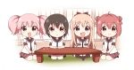  4girls :d akaza_akari black_hair blonde_hair blue_eyes butterfly_sitting chibi double_bun dress funami_yui hair_bobbles hair_bun hair_ornament indoors long_hair looking_at_viewer multiple_girls nanamori_school_uniform official_art open_mouth red_dress red_ribbon redhead ribbon sailor_collar sailor_dress school_uniform seiza serafuku short_hair short_sleeves short_twintails sitting smile table toshinou_kyouko twintails violet_eyes yoshikawa_chinatsu yuru_yuri 