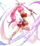  1girl arm_up barefoot bow dress fire_emblem fire_emblem:_mystery_of_the_emblem fire_emblem_heroes full_body hair_bow highres holding holding_sword holding_weapon jewelry leg_up long_hair looking_at_viewer mayo_(becky2006) non-web_source official_art open_mouth phina_(fire_emblem) pink_eyes pink_hair shiny shiny_hair short_dress short_sleeves smile solo sparkle sword tied_hair toes transparent_background weapon 