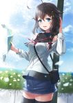  1girl alternate_costume bag bird black_legwear blue_skirt blue_sky blush braid breasts brown_hair casual clouds eyebrows_visible_through_hair flower gradient_sky graphite_(medium) hair_between_eyes hair_flaps hair_ornament hair_over_shoulder highres kantai_collection map mechanical_pencil miniskirt ocean open_mouth pencil plant remodel_(kantai_collection) sasebo seagull shigure_(kantai_collection) sho_(sumika) single_braid skirt sky small_breasts smile solo thigh-highs traditional_media 