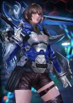  1girl akira_howard artist_request astral_chain brown_eyes brown_hair chain gloves hair_ornament jacket long_sleeves looking_at_viewer police police_uniform short_hair simple_background solo thick_lips uniform weapon 