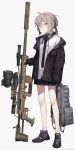  1girl astg backpack bag bangs black_neckwear black_skirt blush bolt_action brown_footwear brown_hair brown_jacket cheytac_m200 closed_mouth collared_shirt commentary dress_shirt ear_protection eyebrows_visible_through_hair full_body girls_frontline grey_background gun hair_between_eyes highres holding holding_bag holding_gun holding_weapon jacket long_hair low_ponytail m200_(girls_frontline) object_namesake off_shoulder open_clothes open_jacket pleated_skirt ponytail rifle scope shirt shoes simple_background skirt sniper_rifle socks solo standing violet_eyes watermark weapon web_address white_legwear white_shirt 