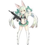  1girl :q animal_ear_fluff animal_ears arm_up art556_(girls_frontline) assault_rifle bangs black_bikini_top blush boots bow brown_eyes closed_mouth collared_shirt commentary crop_top eyebrows_visible_through_hair flat_chest full_body girls_frontline gloves green_bow green_hair green_neckwear green_ribbon green_skirt gun hair_between_eyes hair_bow hair_ribbon hand_up holding holding_gun holding_weapon long_hair looking_at_viewer microskirt midriff navel neck_ribbon object_namesake official_art over-kneehighs pleated_skirt ribbon rifle saru shadow shiny shiny_hair shirt skirt sleeveless smile solo standing suspender_skirt suspenders taurus_art556 thigh-highs thigh_boots tongue tongue_out transparent_background twintails weapon white_footwear white_gloves white_legwear white_shirt 