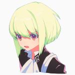  1boy cravat earrings face frilled_shirt_collar frills green_hair jewelry lio_fotia looking_at_viewer looking_up male_focus open_mouth promare shirt short_hair solo violet_eyes zumi_tiri 