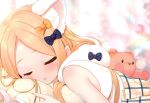  1girl abigail_williams_(fate/grand_order) absurdres animal_ear_fluff animal_ears bangs bare_shoulders black_bow blonde_hair blurry blurry_background blush bow cat_ears closed_eyes depth_of_field eyebrows_visible_through_hair fate/grand_order fate_(series) forehead frilled_pillow frills hair_bow highres hood hood_down kemonomimi_mode long_hair lying non-web_source on_stomach orange_bow parted_bangs parted_lips pillow polka_dot polka_dot_bow scan sleeping sleeveless solo stuffed_animal stuffed_toy teddy_bear yano_mitsuki 