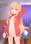 1girl absurdres air_conditioner bed bed_sheet bedroom blonde_hair blurry blurry_background breasts clock collarbone commentary_request computer curtains gabriel_dropout hand_on_own_head highres indoors jacket kerun laptop long_hair looking_at_viewer messy_room mouse_(computer) navel no_bra open_clothes open_jacket open_mouth panties pink_panties red_jacket ribbon_panties small_breasts solo tenma_gabriel_white track_jacket trash_bag underwear violet_eyes window yawning 