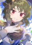  1girl artist_name blush brown_hair commentary_request eyebrows_visible_through_hair gloves green_hair hair_between_eyes hair_ornament highres idolmaster idolmaster_million_live! idolmaster_million_live!_theater_days looking_at_viewer nagayoshi_subaru ranobigi0820 red_eyes short_hair smile solo white_gloves 